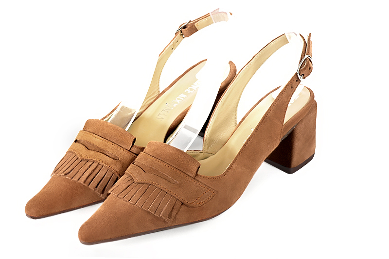 Camel beige women's slingback shoes. Pointed toe. Medium block heels. Front view - Florence KOOIJMAN